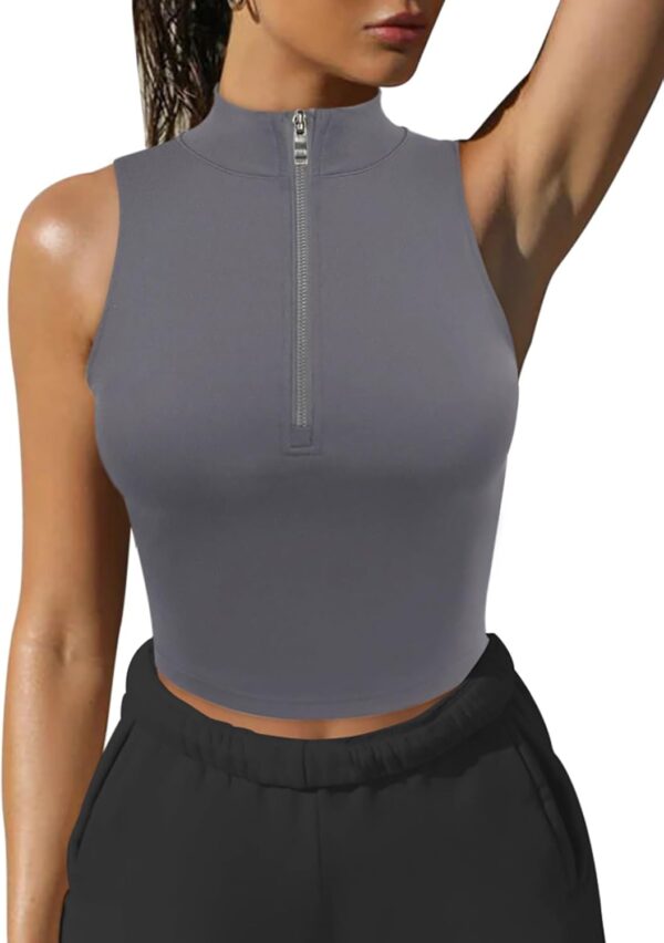 Women Half Zipper Workout Top Racerback Yoga Short Tank Tops Collar Athletic Shirt Slim Fit Crop Tops Built in Bra