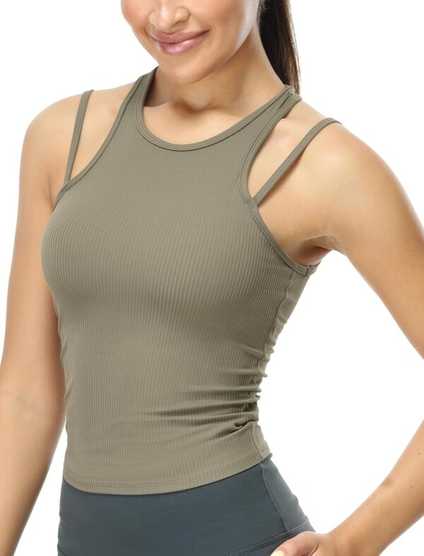 Racerback High Neck Workout Tank Tops for Women, Fitted Ribbed Athletic Gym Running Yoga Tops with Built in Bra
