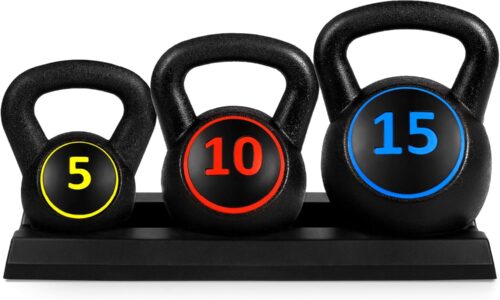 3-Piece Kettlebell Set with Storage Rack,  Coated Exercise Fitness Concrete Weights for Home Gym, Strength Training,  Workout 5lb, 10lb, 15lb